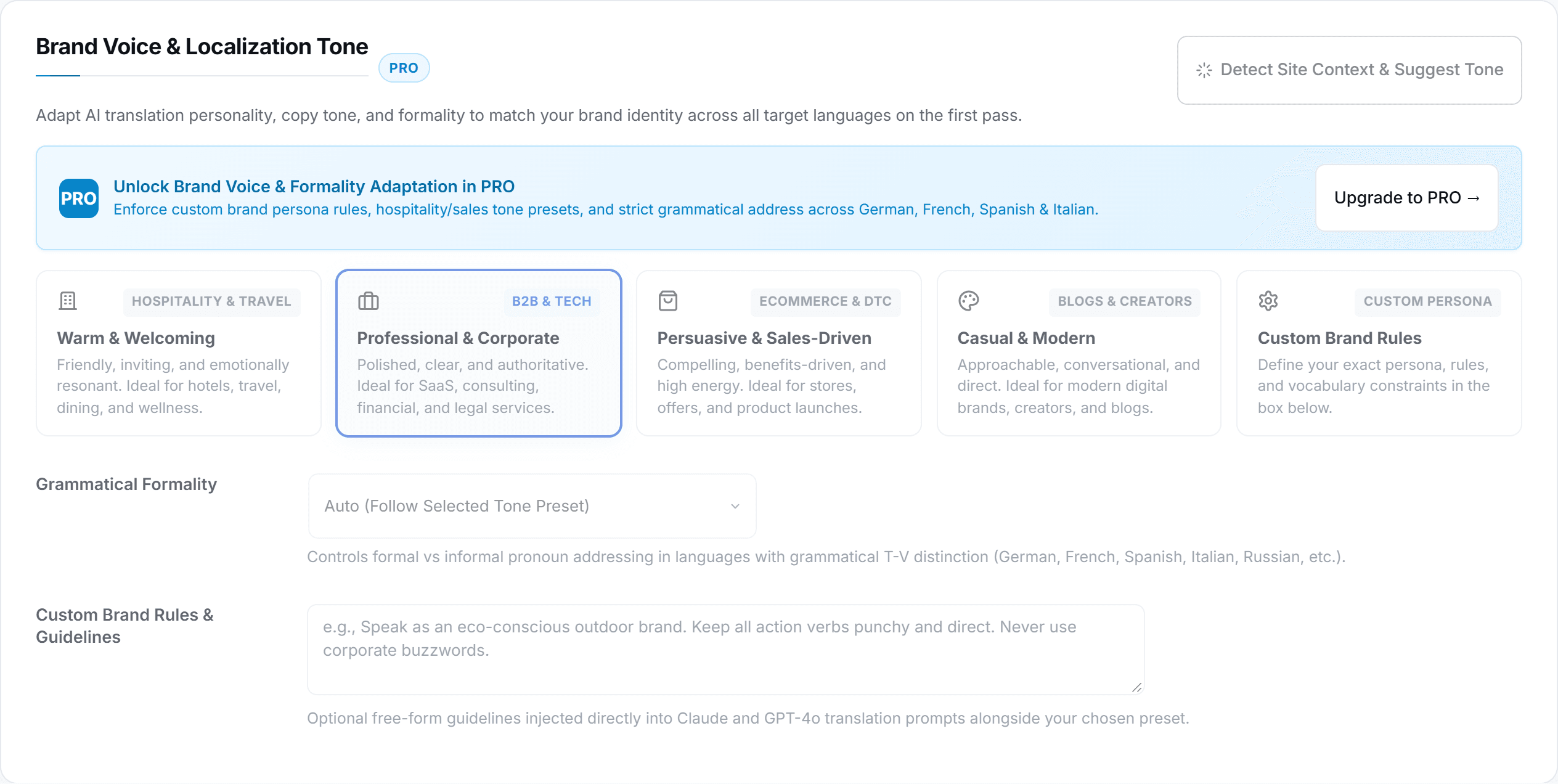 Brand Voice and Localization Tone settings card