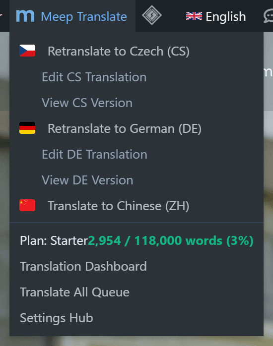 Meep Top Admin Bar Hub quick actions menu