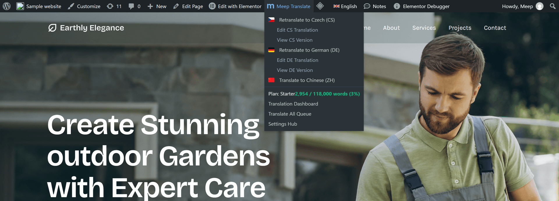 Meep Top Admin Bar Hub menu on frontend