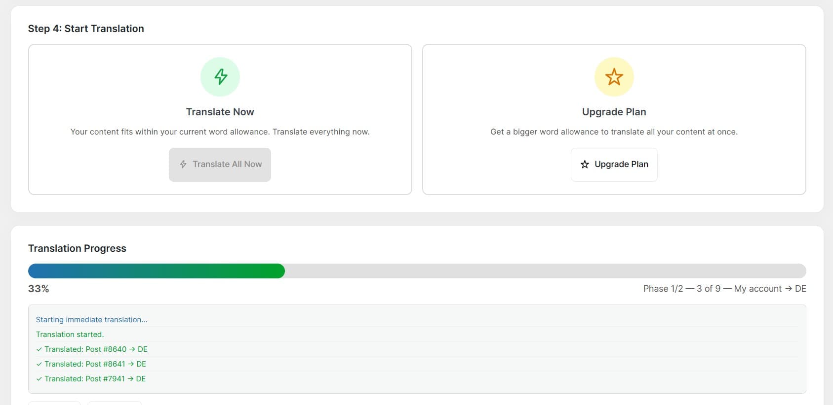 Translate All bulk queue with Pause and Resume controls
