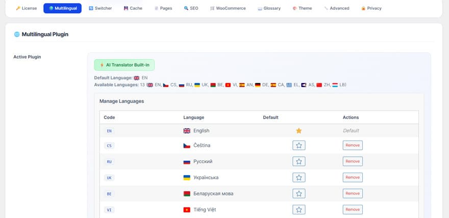 Multilingual settings — language management with flags