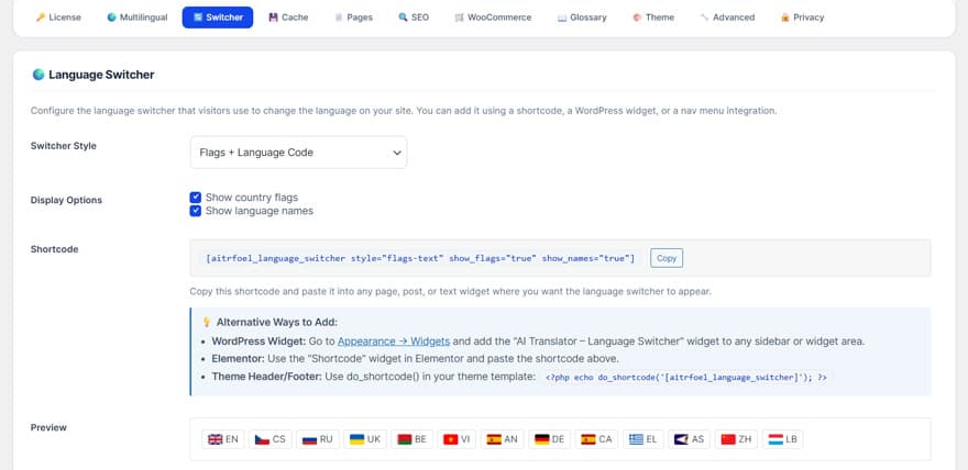 Language Switcher — shortcode, display options, flag preview