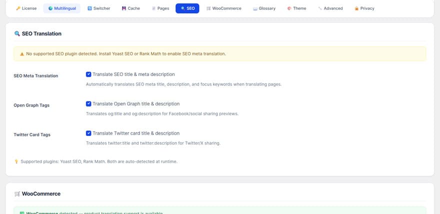 SEO Translation settings — meta translation, Open Graph, and Twitter Card toggles