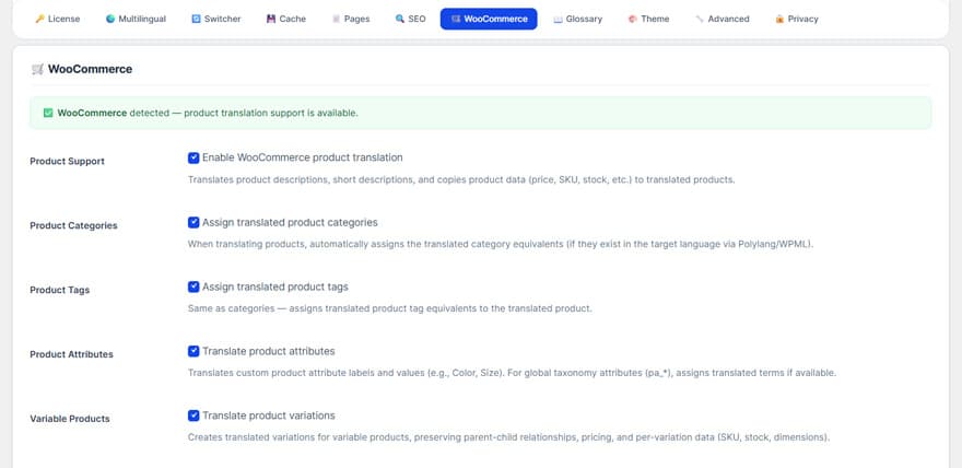 WooCommerce translation settings — product support, categories, tags, attributes, and variable products