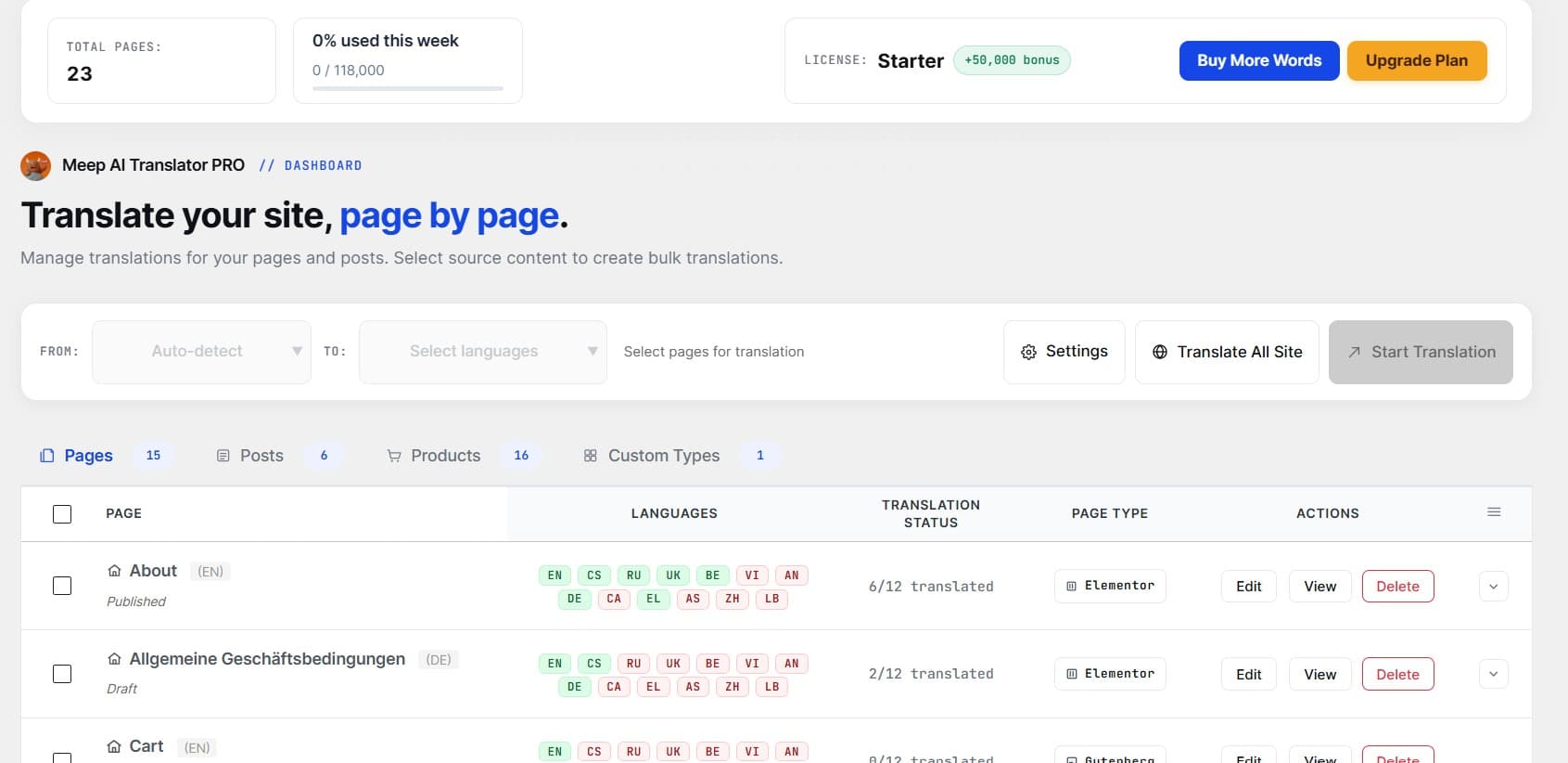 Meep AI Translator Admin Dashboard with content-aware tabs