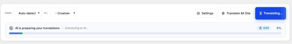 Responsive translation action bar with live progress indicator